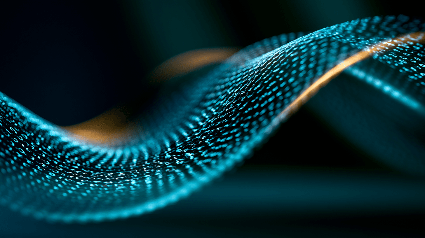 A luminous teal data-mesh ribbon weaving through dark space, a single warm thread running through it