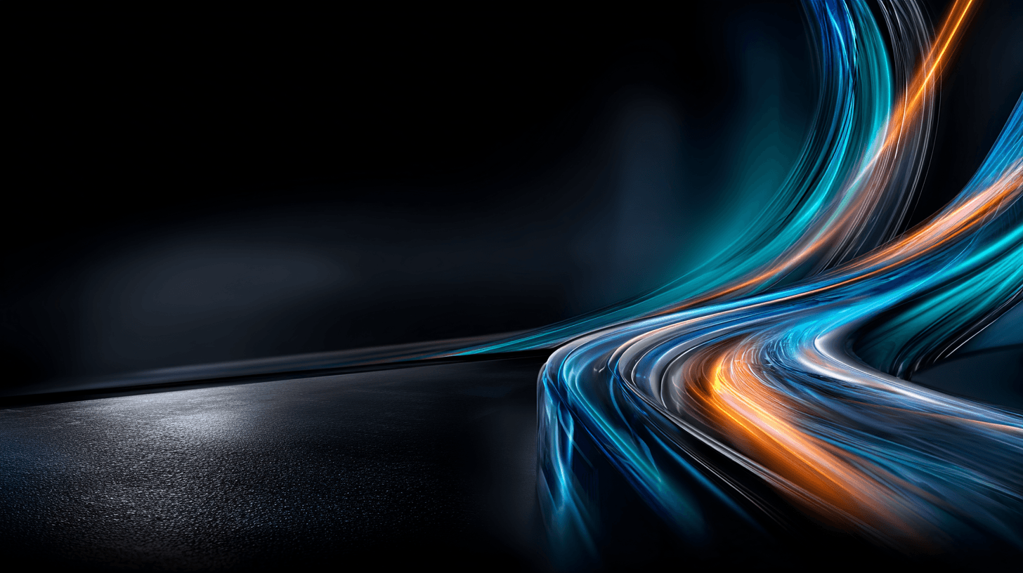 Ribbons of cobalt blue and teal light arcing through an atmospheric backdrop